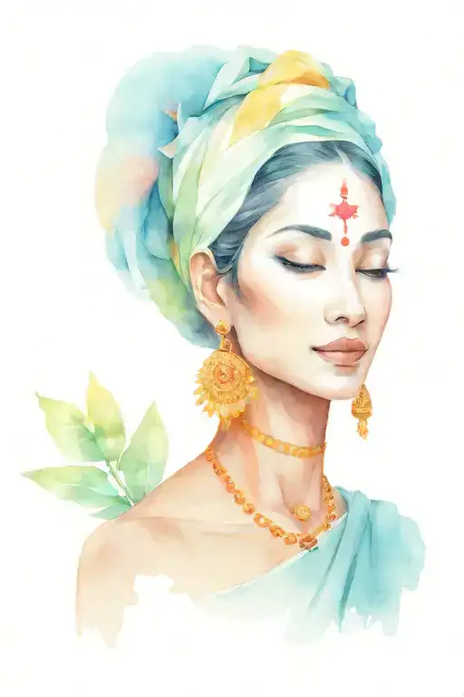 A serene woman devotee in deep bhakti, her face glowing with a soft smile, radiating inner peace and divine connection.  tattoo design idea