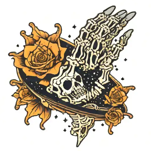 glow skeleton hand reaching towards the stars while riding in a boat tattoo design idea