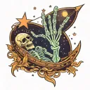 glow skeleton hand reaching towards the stars while riding in a boat tattoo design idea