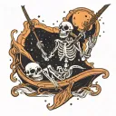 glow skeleton hand reaching towards the stars while riding in a boat tattoo design idea
