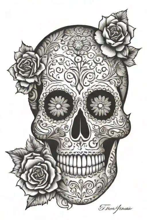 Highly detailed, ultra-realistic Day of the Dead sugar skull (calavera), decorated with intricate floral patterns and tr tattoo design idea