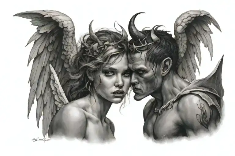 Angel girl and demon boy tattoo design idea