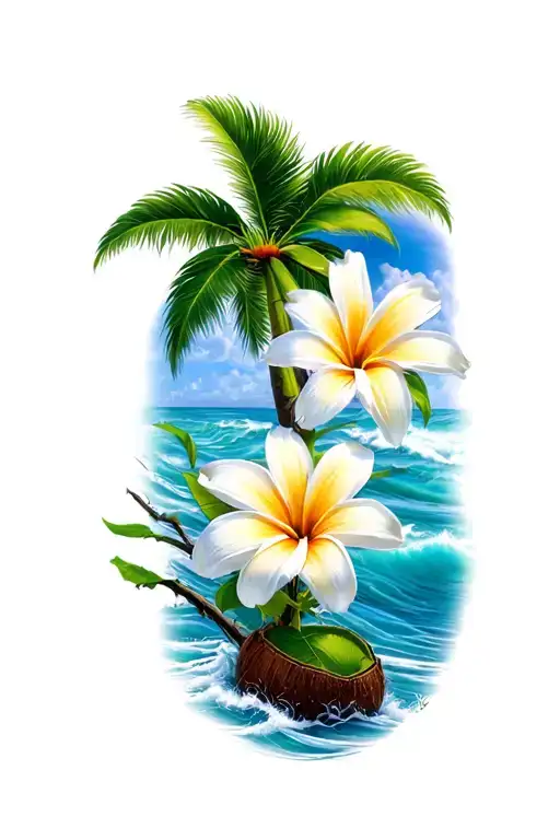sunflowe, Lili flower, loto flower, coconut tree, ocean, tattoo design idea