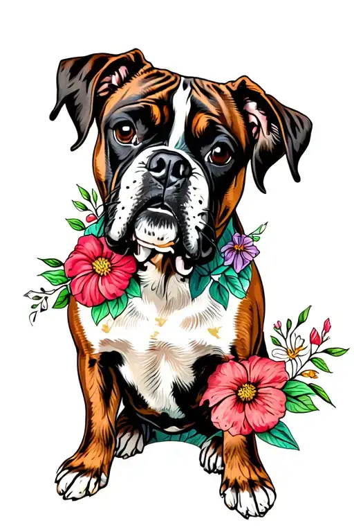 brindle boxer dog with flowers tattoo design idea