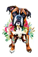 brindle boxer dog with flowers tattoo design idea