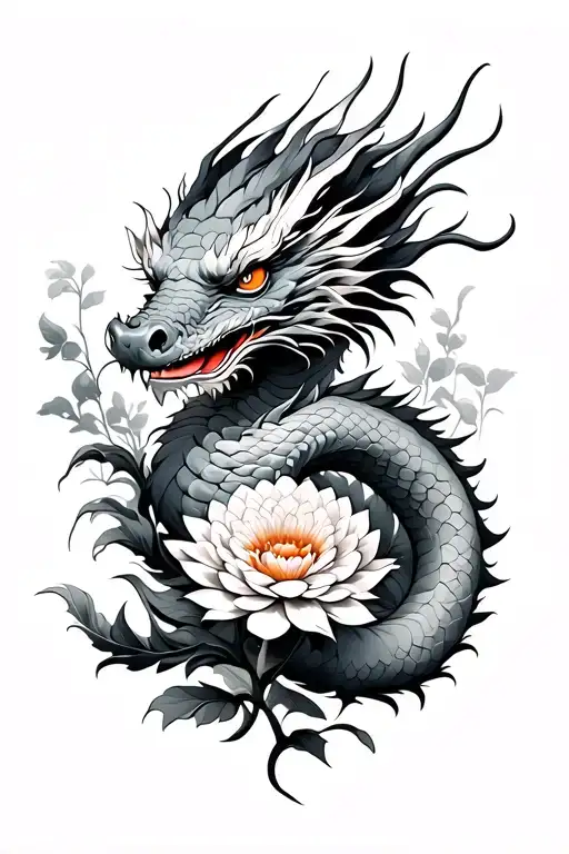 A Japanese stylized dragon (Ryū), with fine features, wrapped around a flowering chrysanthemum.	• Chrysanth tattoo design idea