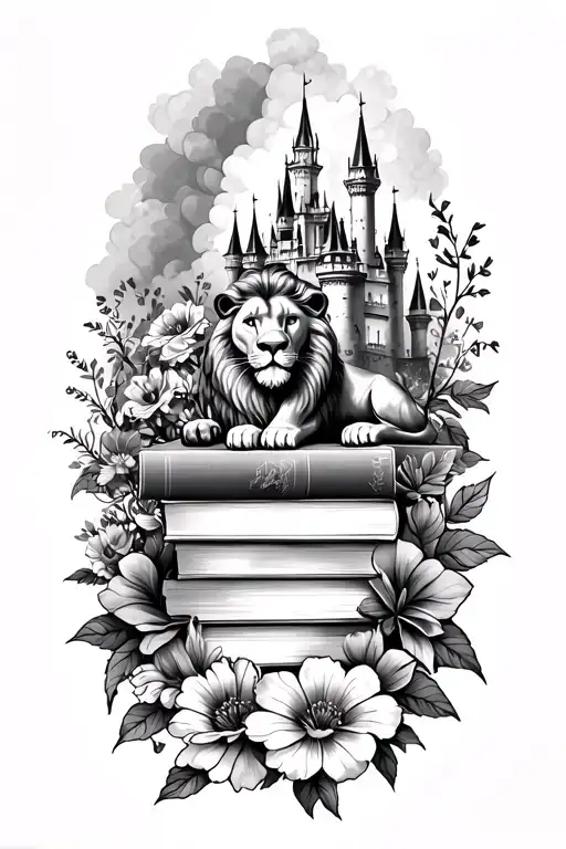 arm sleeve flowers, stack of books, lion, disney castle tattoo design idea