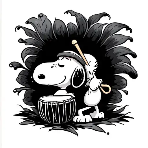 snoopy playing tabla drum surrounded tattoo design idea
