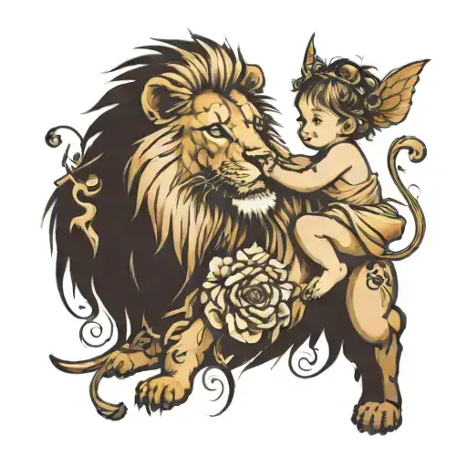 fairy playing with a lion cub  tattoo design idea