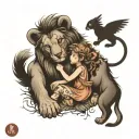 fairy playing with a lion cub  tattoo design idea