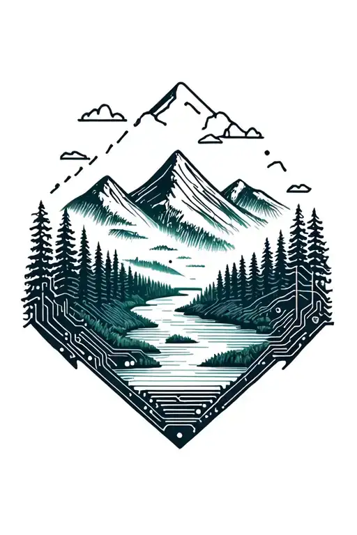 microchip circuit infused with forest with river flowing and  mountain in background  tattoo design idea