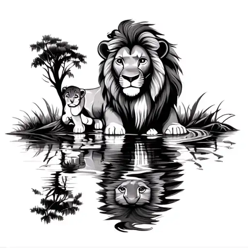Tatoo, lion king, king Simba seen in reflection on water as cub Simba. Include all kind of elements from the lion king  tattoo design idea
