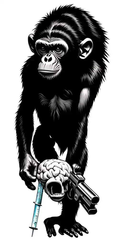 monkey on my back with a syringe in one hand and blowing his brains out with a gun in the other  tattoo design idea
