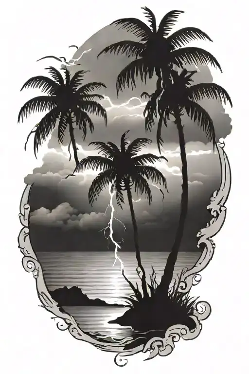 dark stormy beach with palm tree and lightning  tattoo design idea