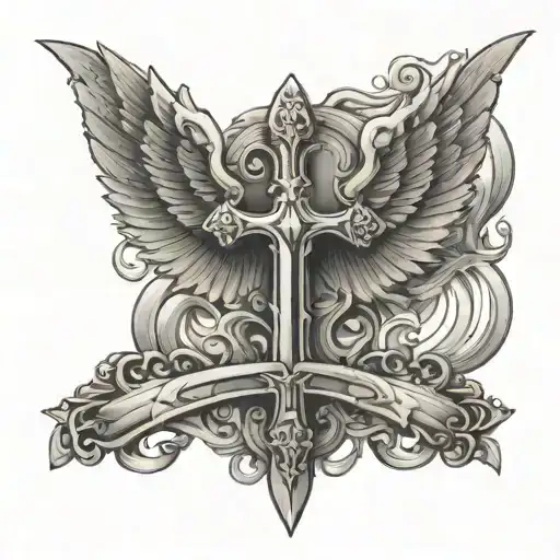 a sword with a cross-shaped handle and wings tattoo design idea