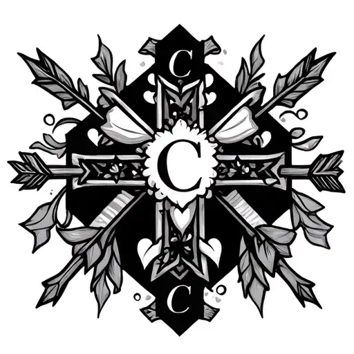 I want it to have a cross, with arrows. feminine, hearts, and to have the initials C and C  tattoo design idea
