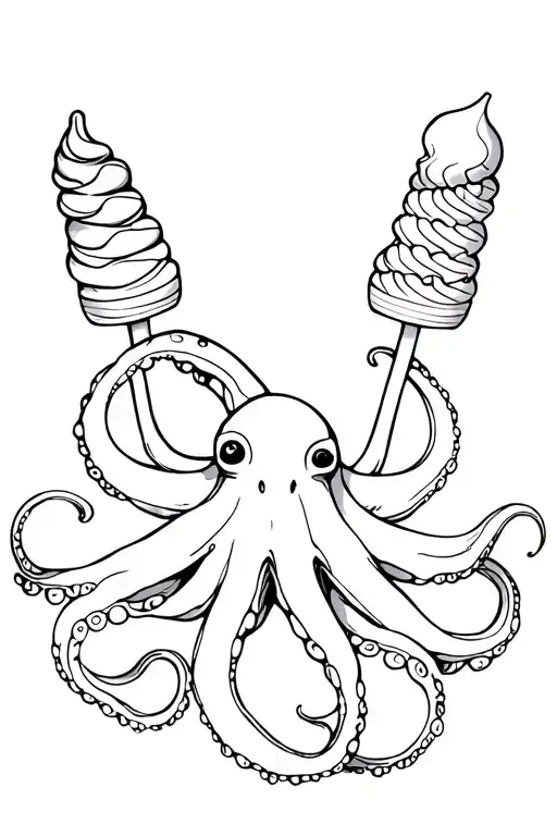 Kintsugi Octopus holding Icecreams in its 8 tentacles tattoo design idea