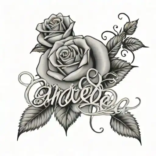 the name Andrea in Script and roses surrounding tattoo design idea