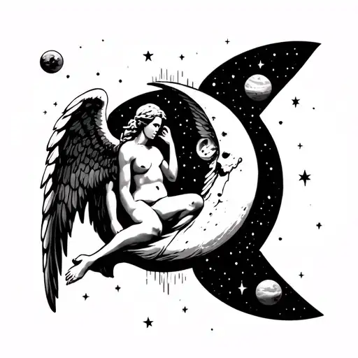 angel kneeling with knee on moon with planets and stars surrounding tattoo design idea