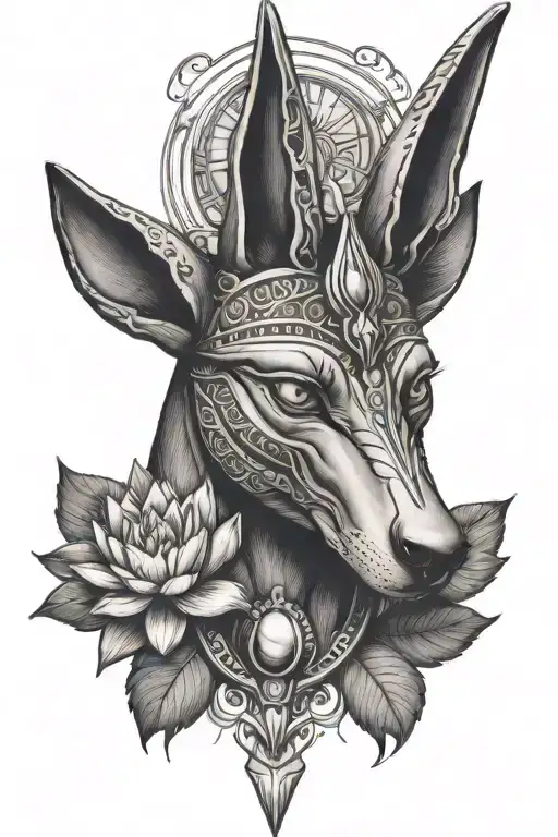 Anubis with lotus flower, eye of horus, and scarab beetle tattoo design idea