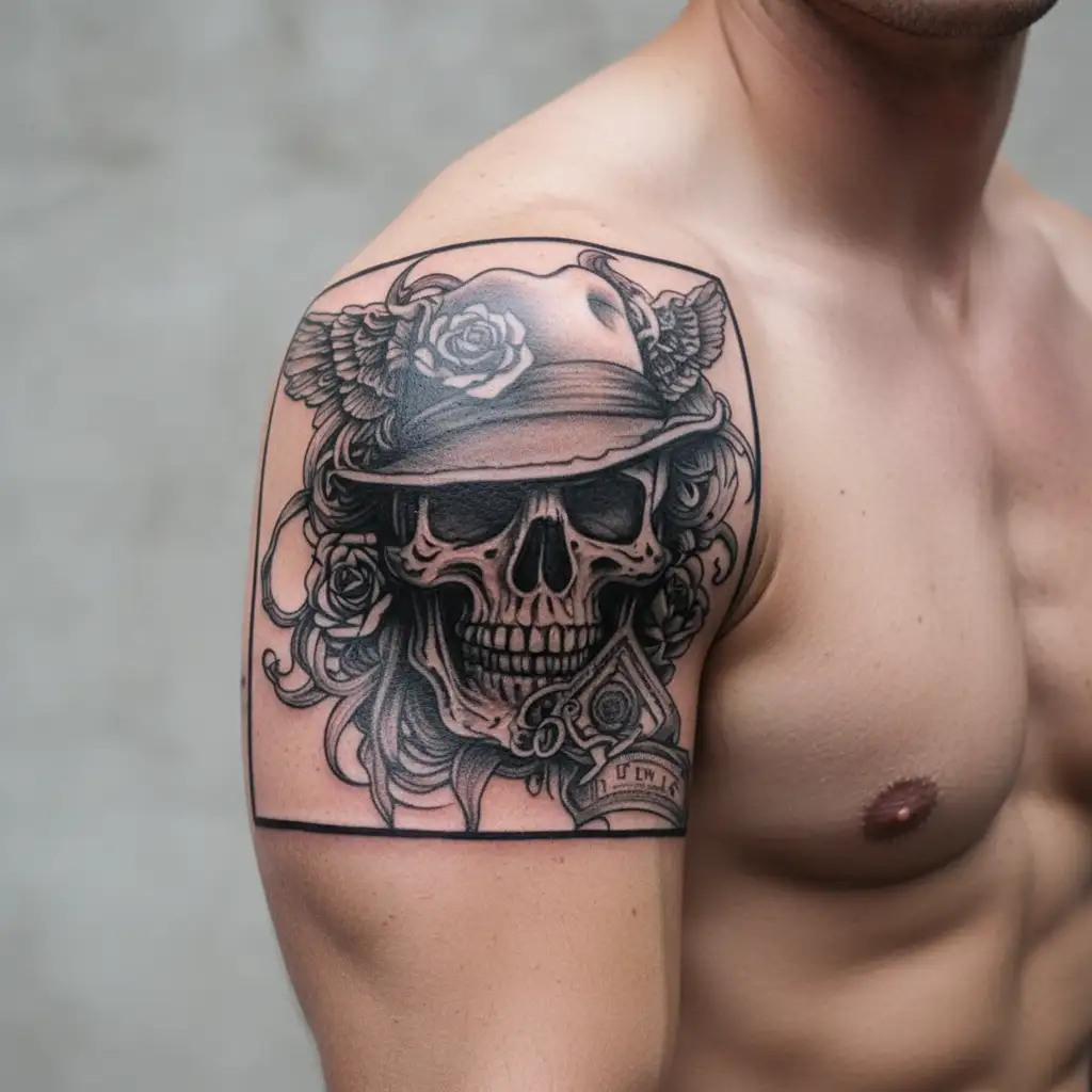 full sleeve guns roses money and drugs tattoo design idea