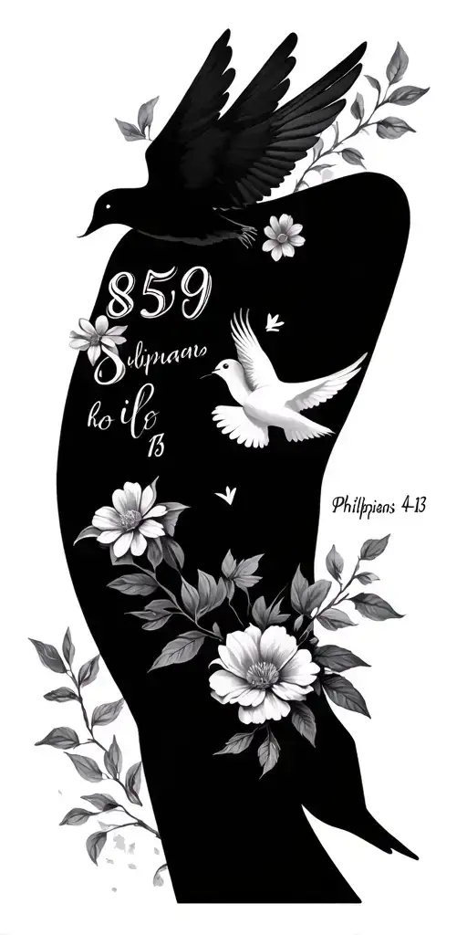 make sure to add the numbers 859 and the city  Covington Kentucky and the Bible verse philippians 4 13 add flowers,doves tattoo design idea