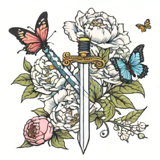 peonies growing around a sword with a butterfly flying tattoo design idea