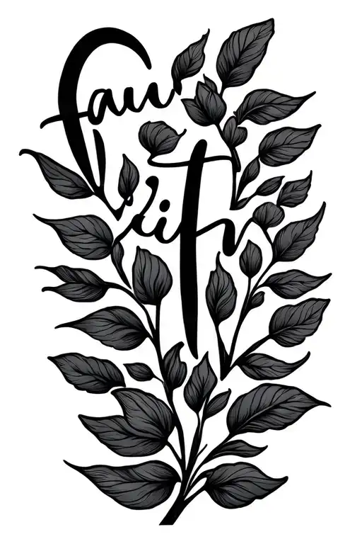 "Faith " A simple linedflower pattern shaped like vine with the word faith in cursive written vertical on the left side  tattoo design idea