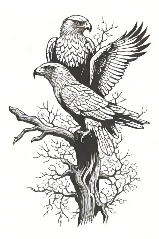 hawk and eagle perched on tree branch  tattoo design idea