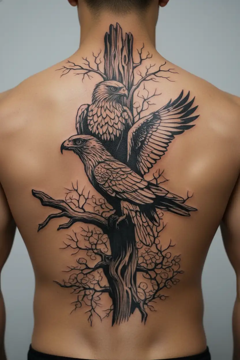 hawk and eagle perched on tree branch  tattoo design idea