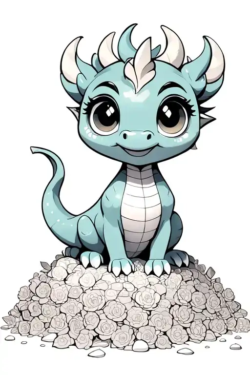 cute dragon, big anime eyes, feminine features, sitting on a giant pile of gold and treasure, background of flowers.  tattoo design idea