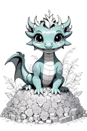 cute dragon, big anime eyes, feminine features, sitting on a giant pile of gold and treasure, background of flowers.  tattoo design idea