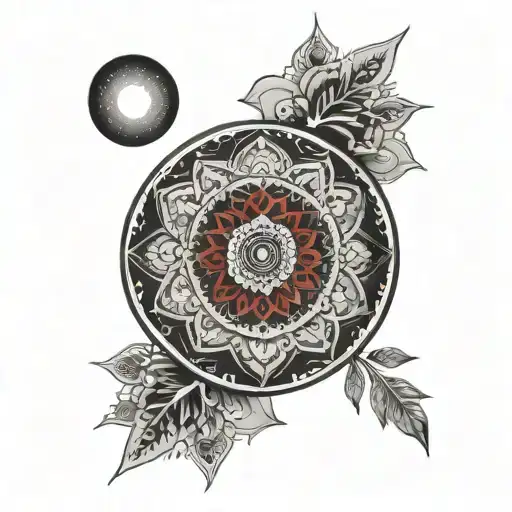 red and black mandala long flower tattoo with moon tattoo design idea