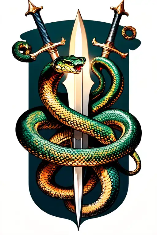 Snake and swords around the neck tattoo design idea