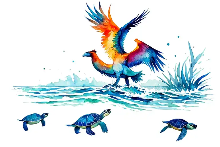 Phoenix bird rise from ocean with turtles swimming tattoo design idea