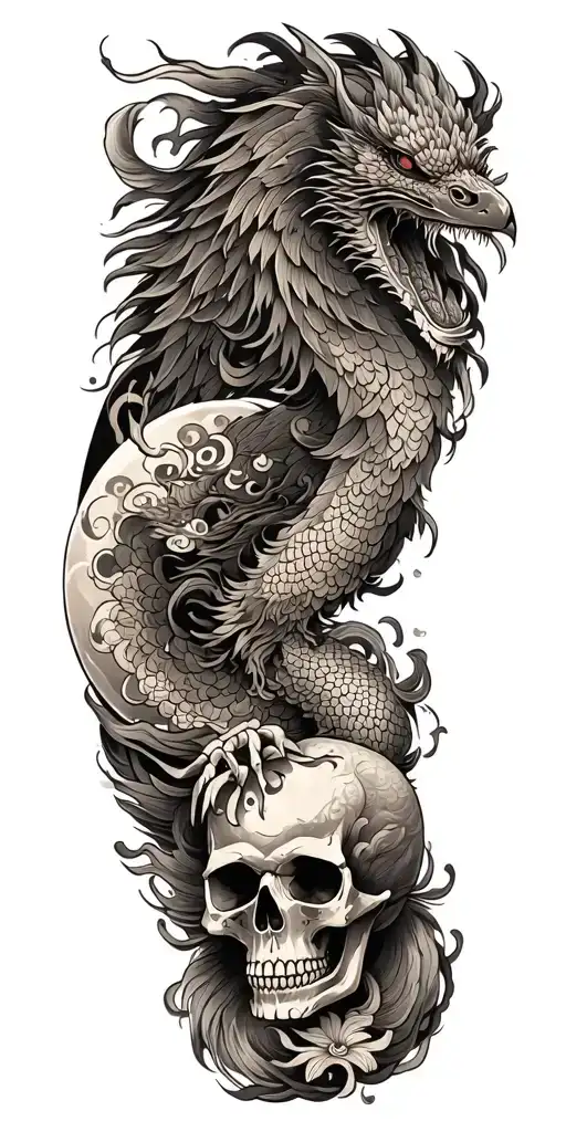 Chinese dragon and phoenix and skull and moon and raven tattoo design idea