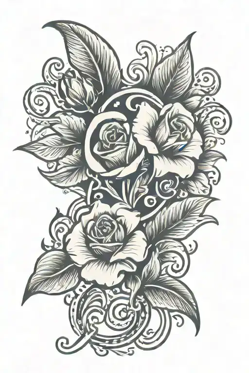  T in calligraphy as part of rosebud tattoo design idea