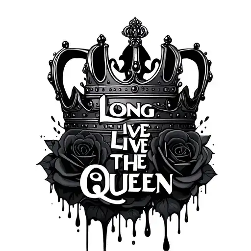 "Long live the queen" "Long live the queen" Black melting queen crown  with black roses around the crown and dark shadows tattoo design idea