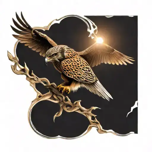a falcon with outstretched wings flies towards the sun tattoo design idea