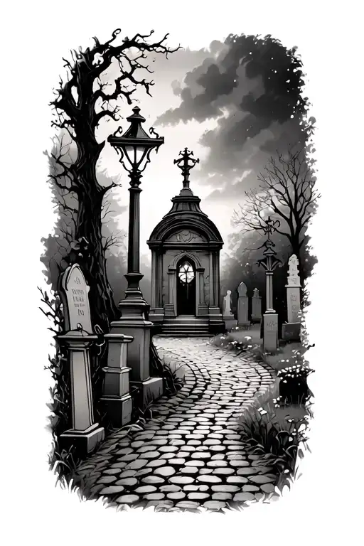 cobblestone path through graveyard scene with mausoleum & gas lanterns tattoo design idea