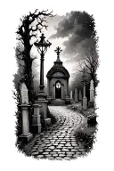 cobblestone path through graveyard scene with mausoleum & gas lanterns tattoo design idea