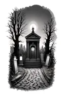 cobblestone path through graveyard scene with mausoleum & gas lanterns tattoo design idea