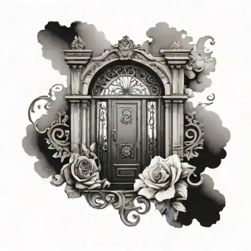 A black-grey tattoo of an intricate old door design inspired by the client's favorite architecture styles, incorporating elements of conservation architecture tattoo design idea