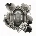 A black-grey tattoo of an intricate old door design inspired by the client's favorite architecture styles, incorporating elements of conservation architecture tattoo design idea
