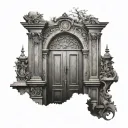 A black-grey tattoo of an intricate old door design inspired by the client's favorite architecture styles, incorporating elements of conservation architecture tattoo design idea