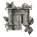 A black-grey tattoo of an intricate old door design inspired by the client's favorite architecture styles, incorporating elements of conservation architecture tattoo design idea