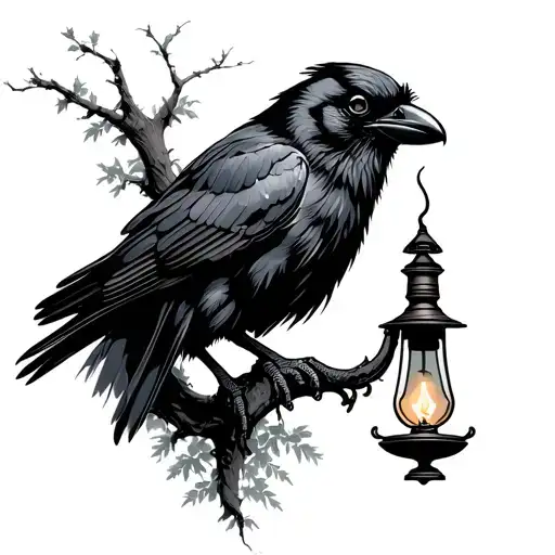 Crow holding oil lamp on a tall tree 🌴 tattoo design idea