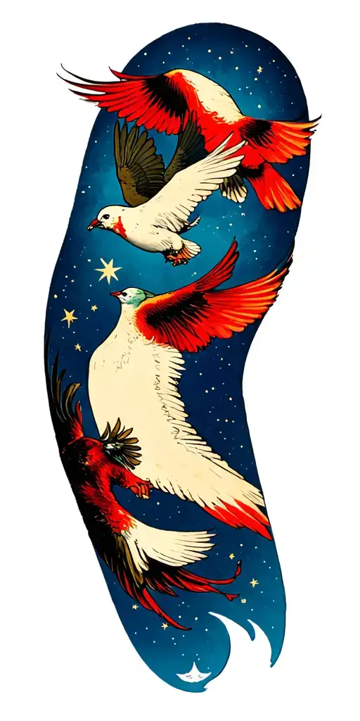 Design me a picture of a tattoo with the shoulder being a blue night sky with stars and birds flying that then tradition tattoo design idea