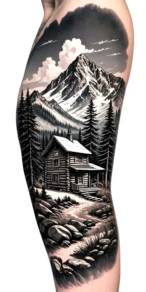 A mountain landscape incorporating a nestled log cabin tattoo design idea