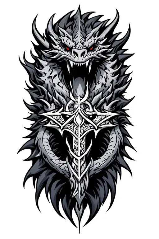 nidhogg with norse symbol surrounded tattoo design idea